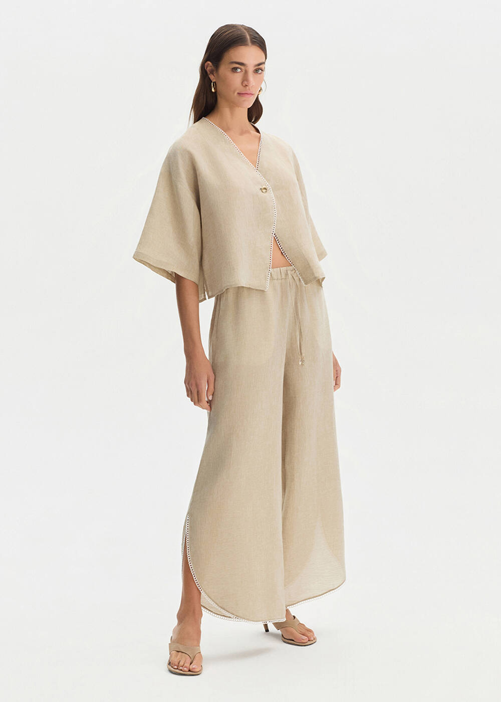 STONE DETAILED LINEN PANTS - 1