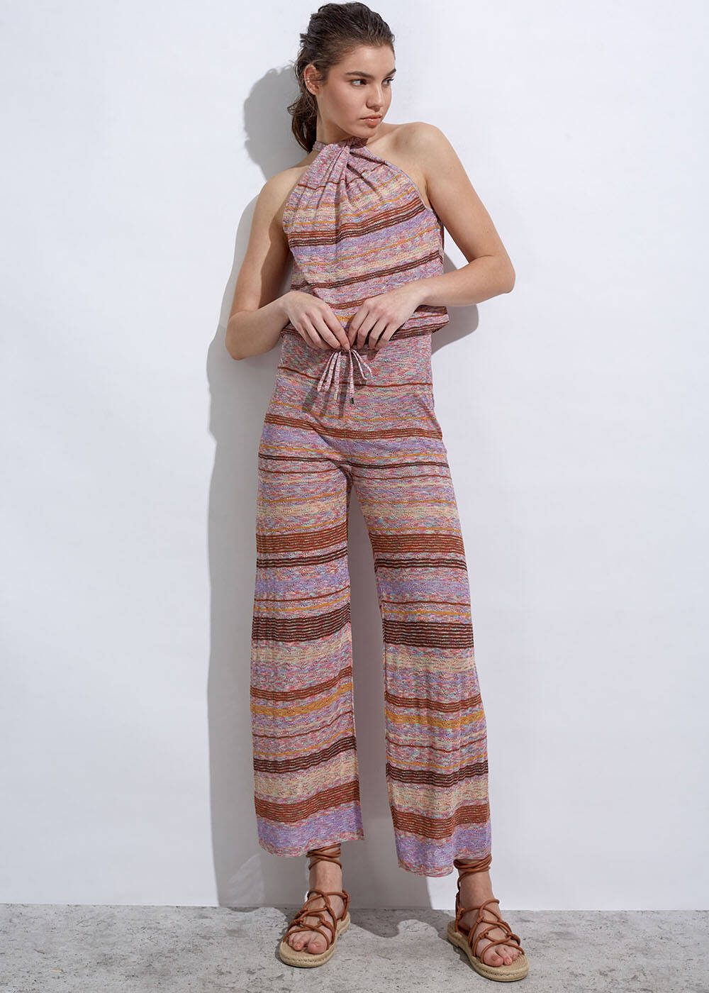 Stripe Patterned Terracotta Knit Pants - 2