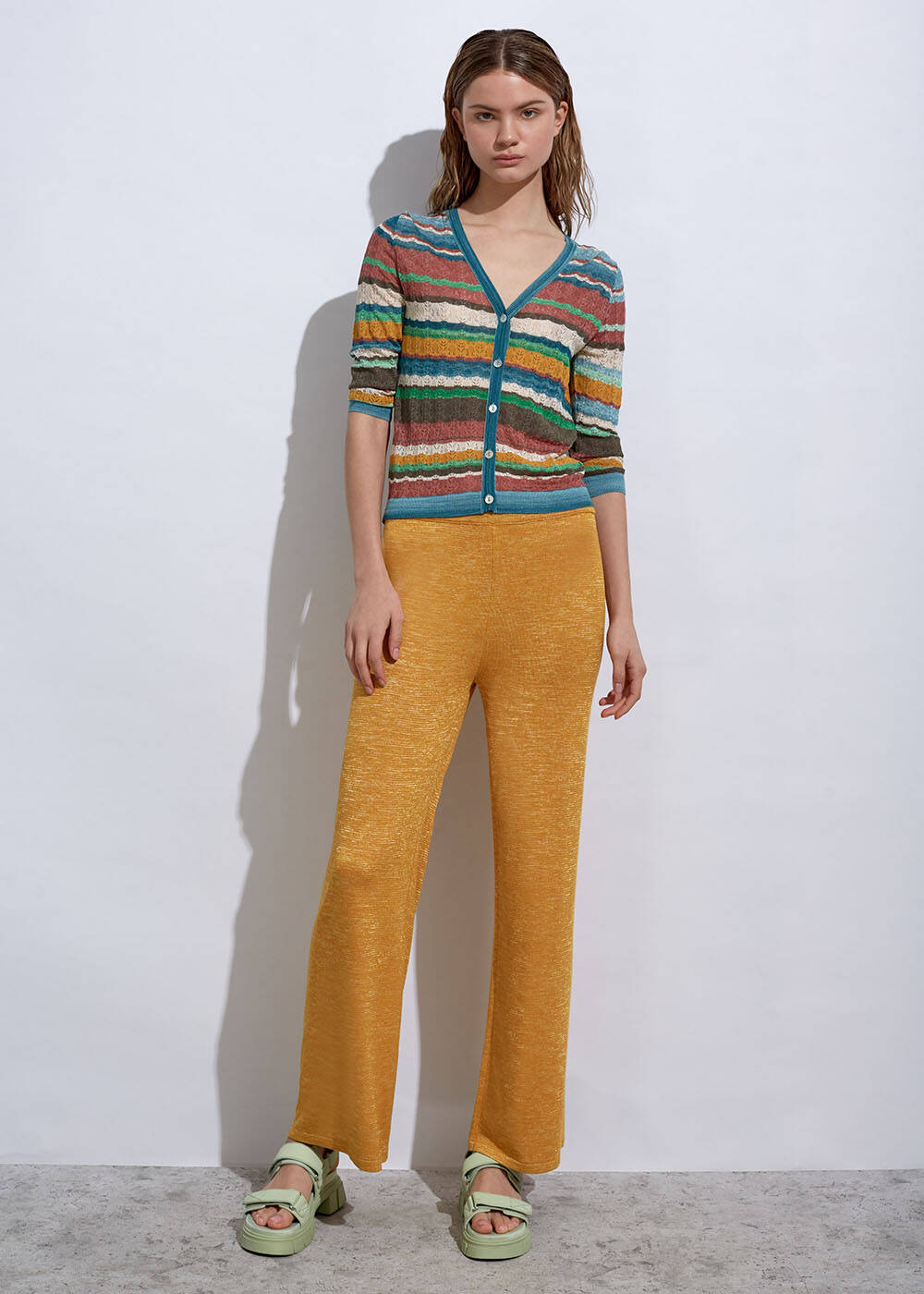 STRIPE PATTERNED VERDIGRIS KNIT CARDIGAN - 1