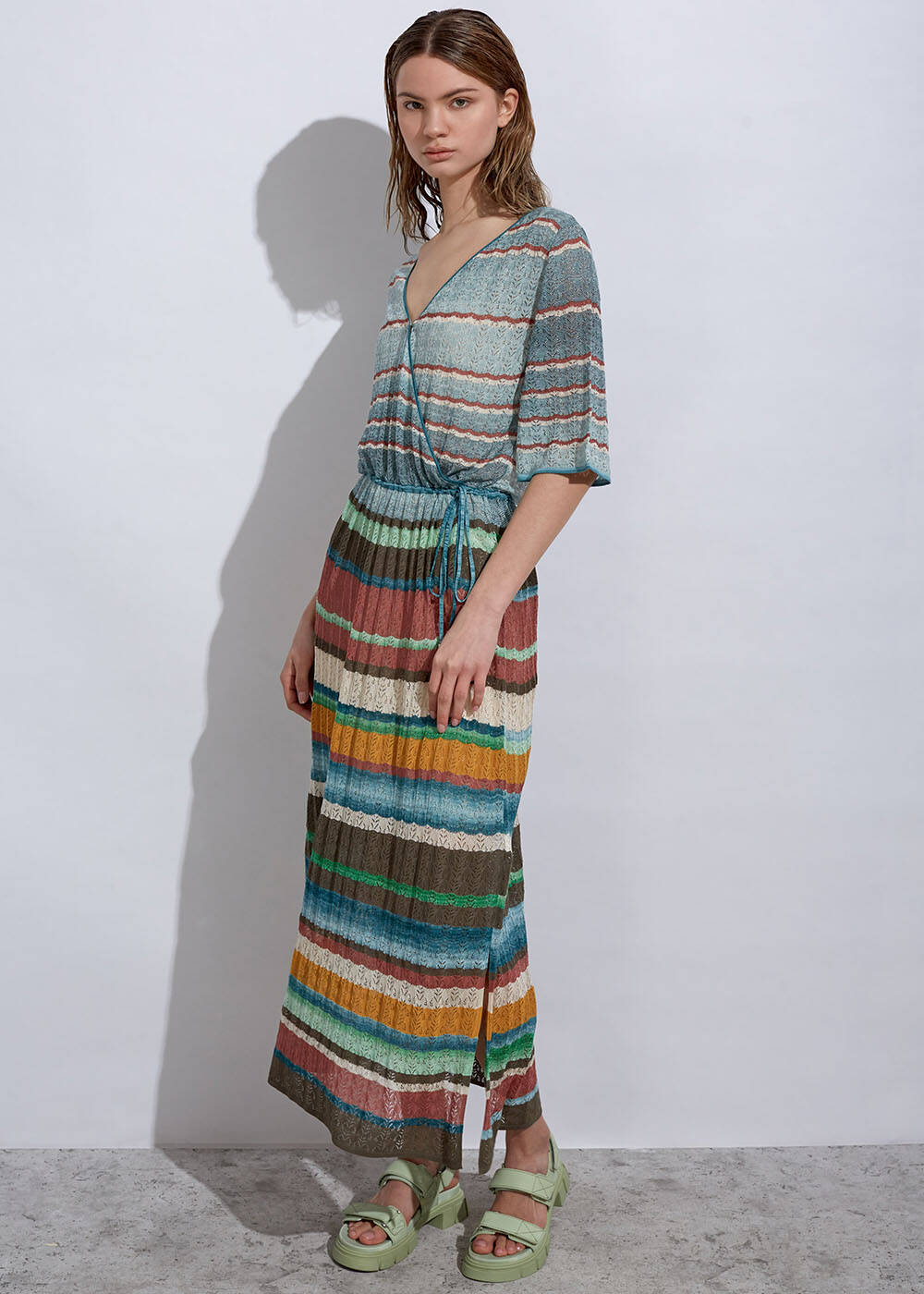 Stripe Patterned Verdigris Knıt Dress - 2