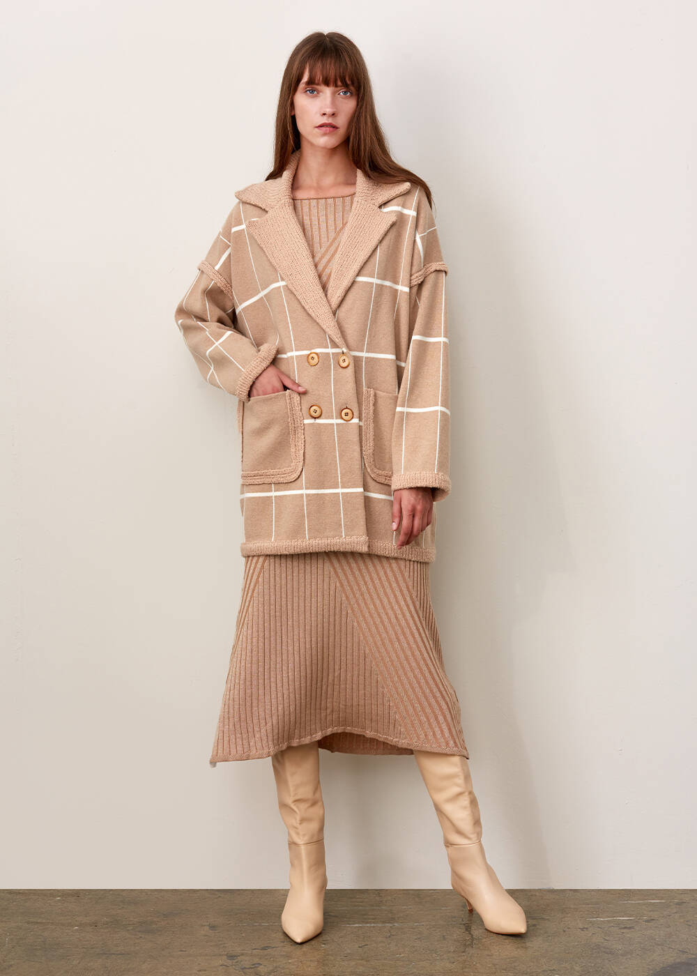 Strıped Beıge Wool Knıt Coat - 2