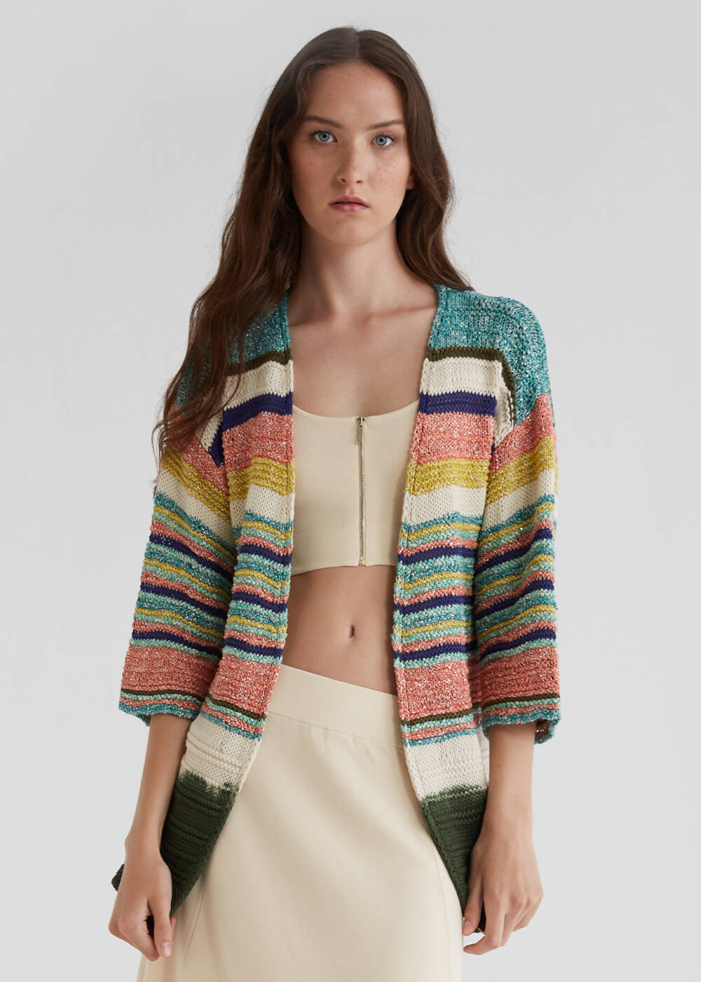 Striped Pattern Dip Dye Multicolor Knit Cardigan - 1
