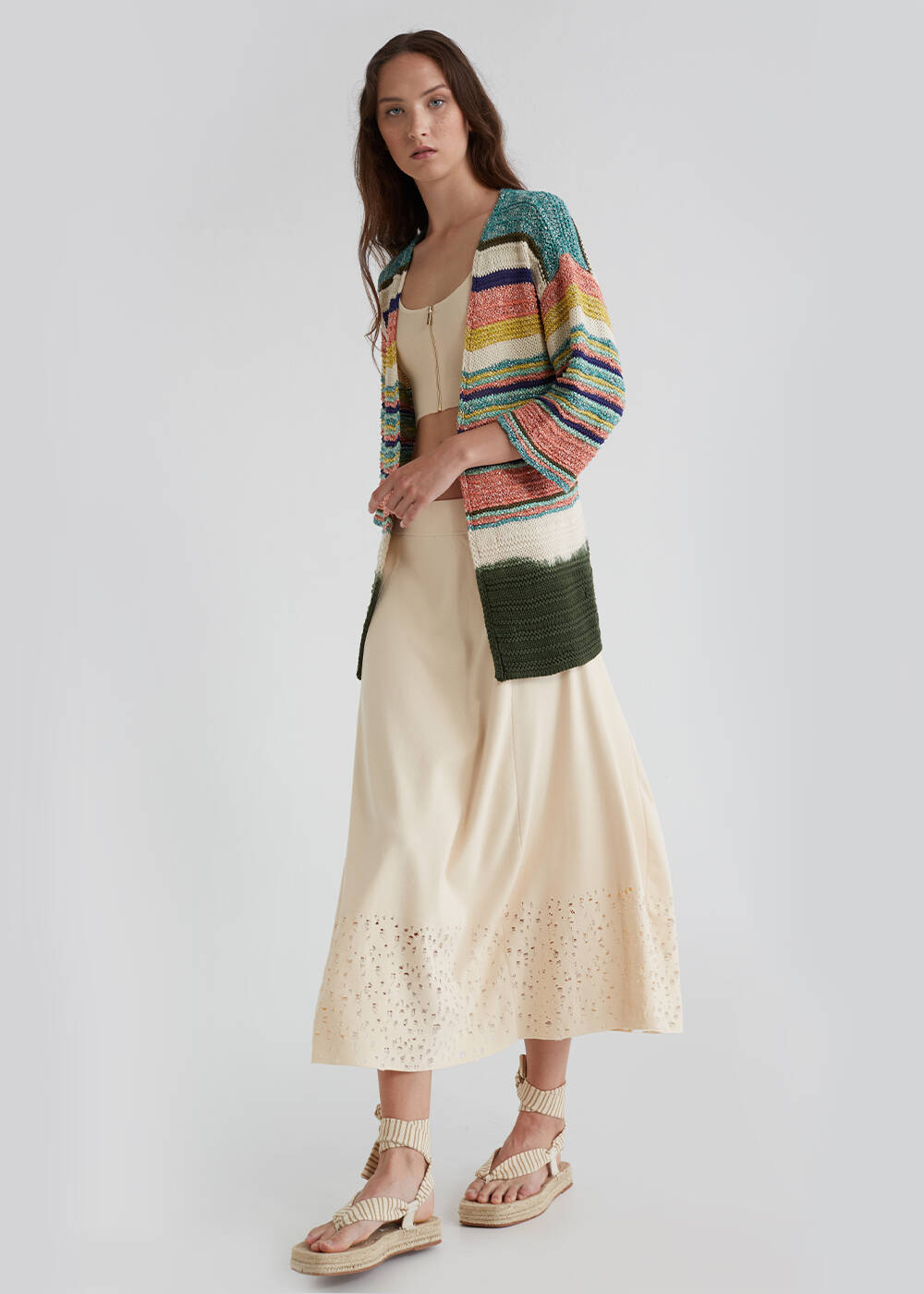 Striped Pattern Dip Dye Multicolor Knit Cardigan - 2