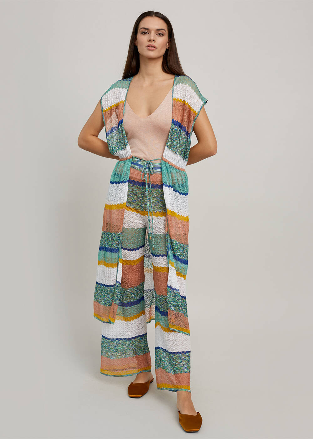  Striped Pointelle Drawstring Waist Long Knit Vest - 2