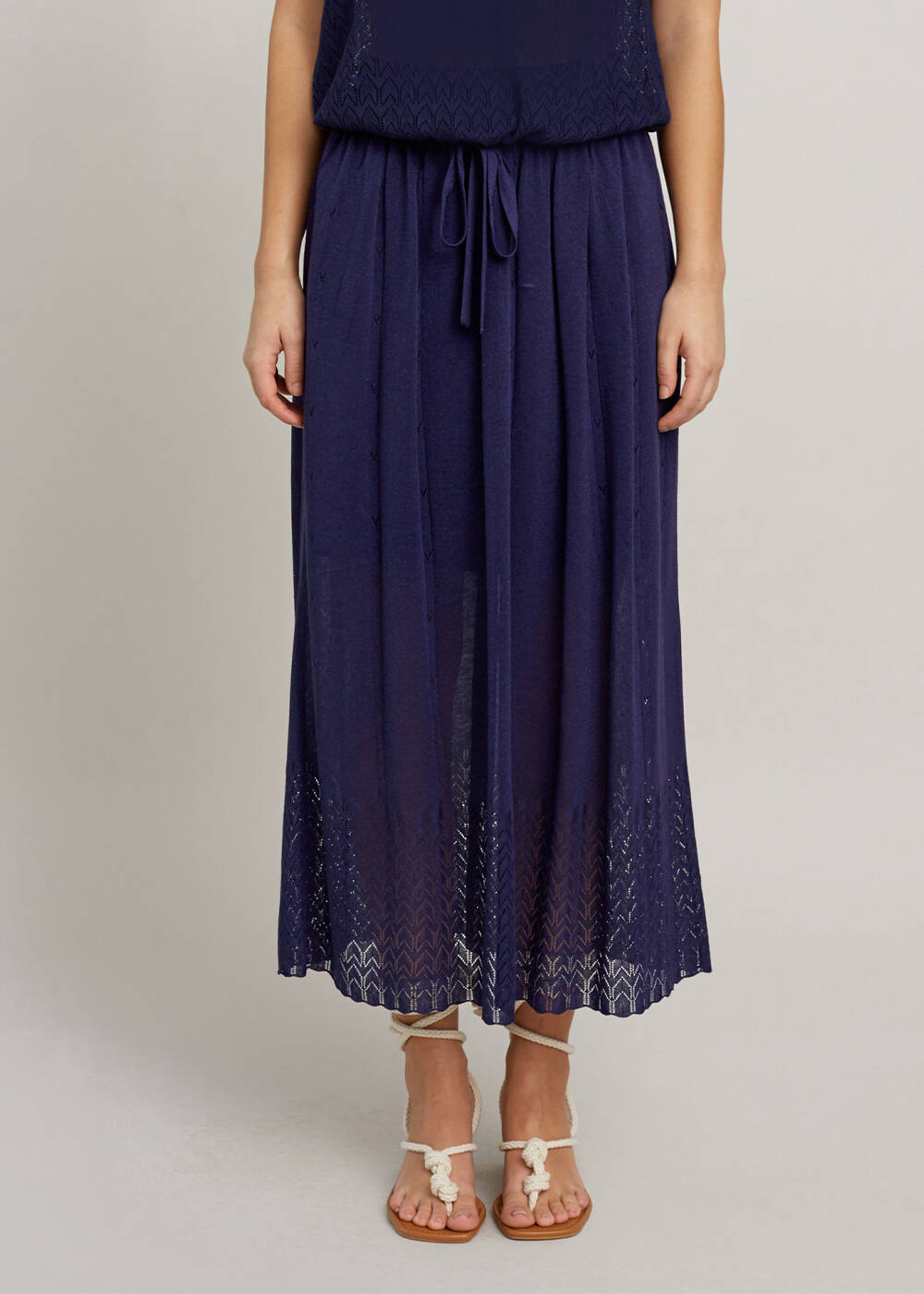 Structured Pointelle Navy Midi Knit Skirt - 1