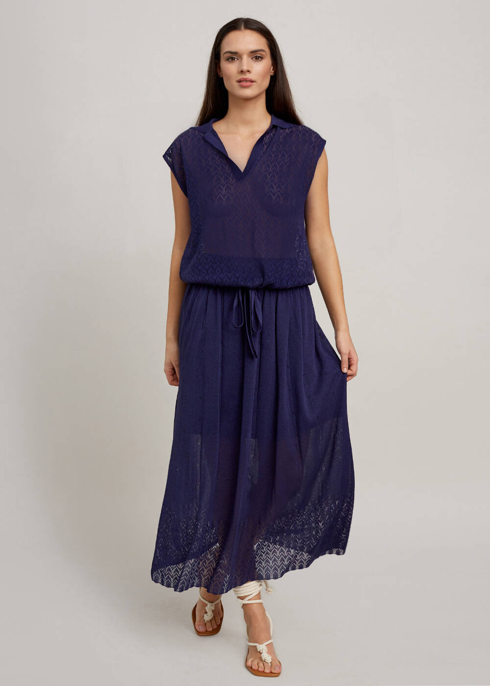 Structured Pointelle Navy Midi Knit Skirt - 2