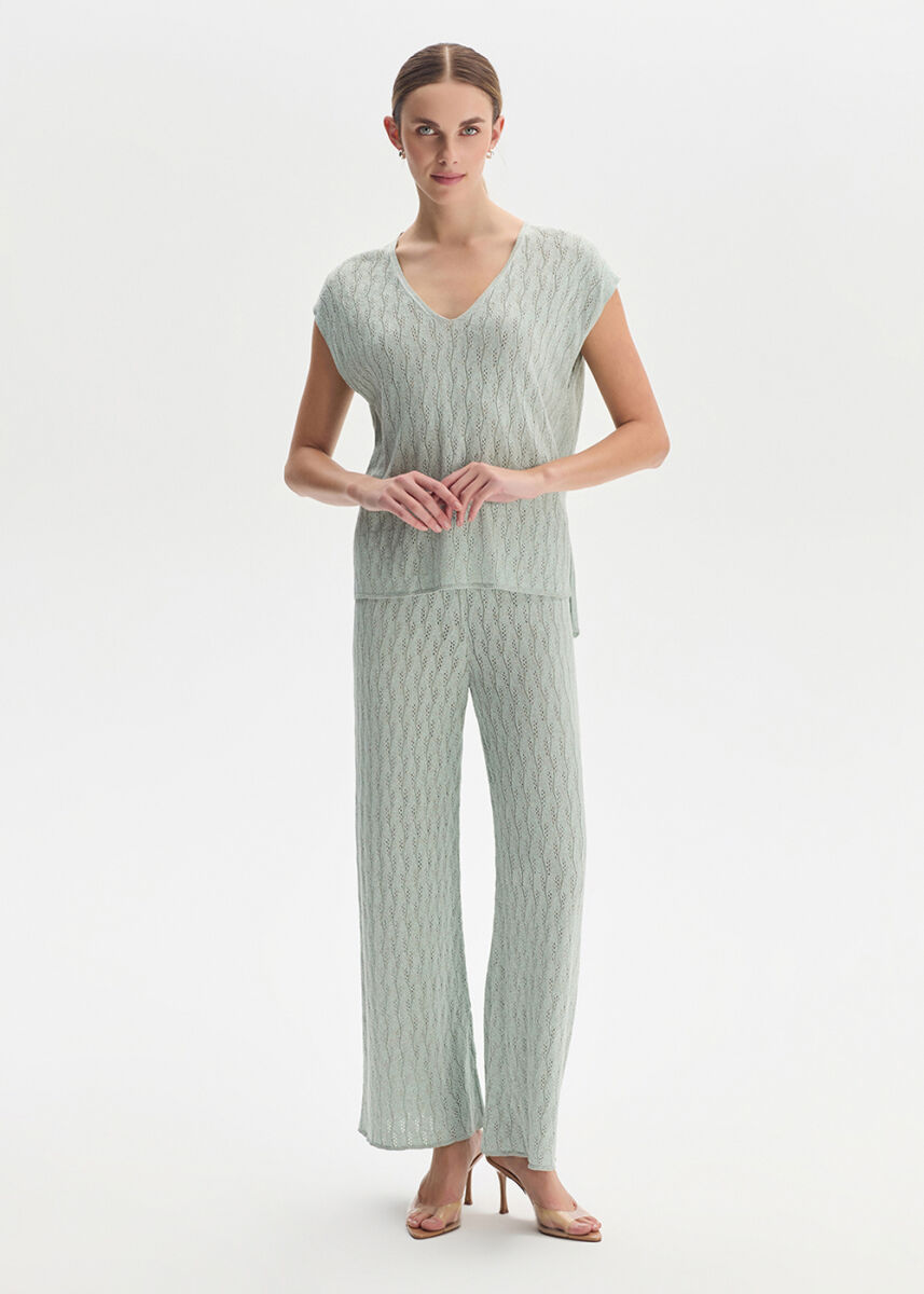Su Yeşili Işıltılı Keten Karışımlı Triko Pantolon - KNITSS