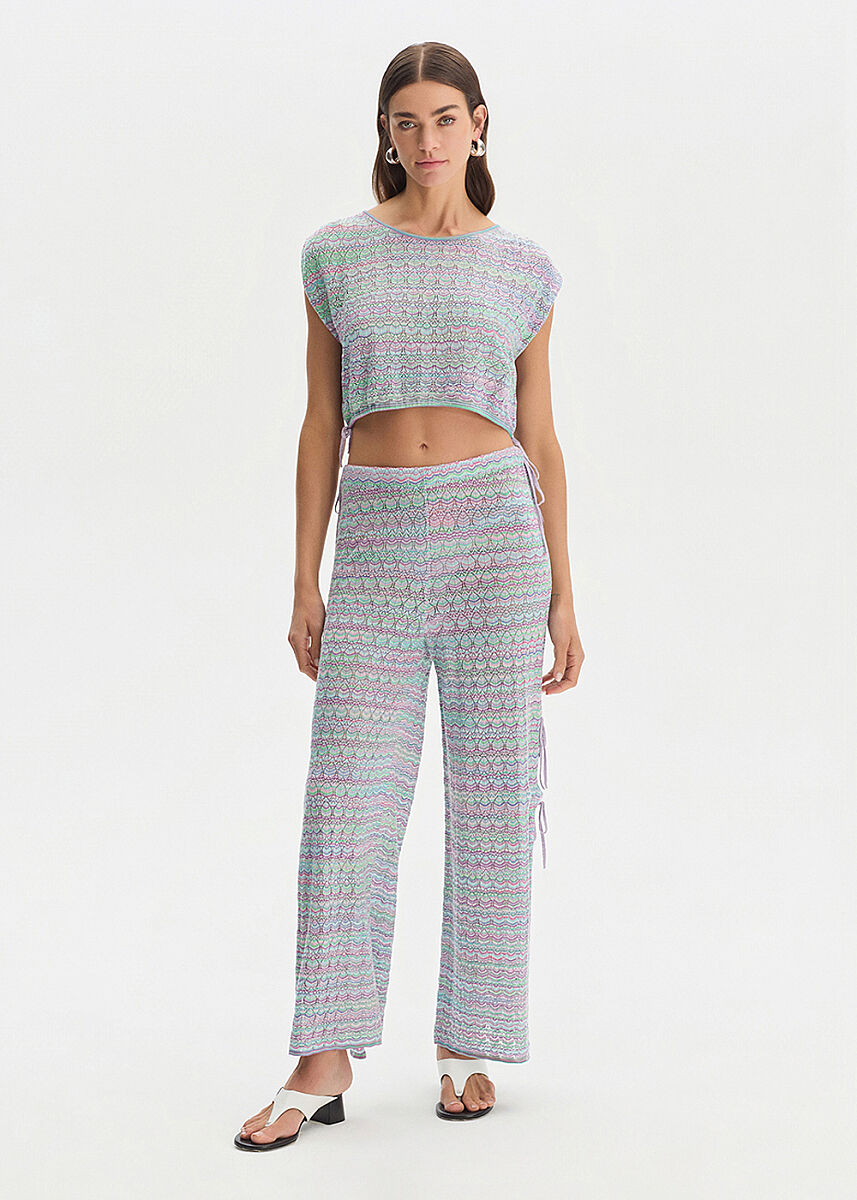 Su Yeşili Renk Geçişli Işıltılı Triko Pantolon - KNITSS