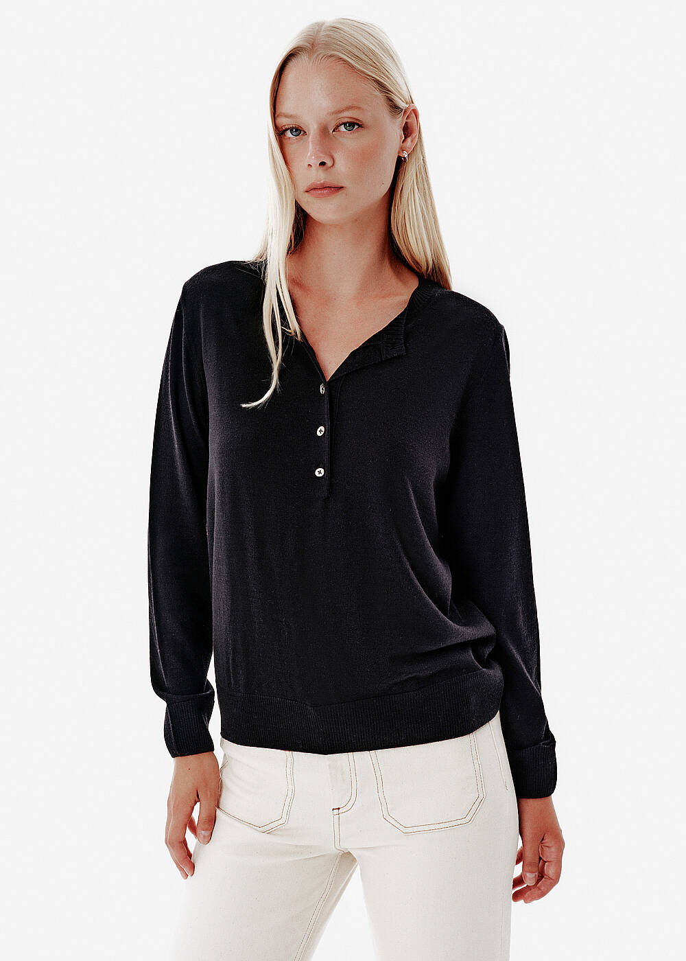 Superfine Knit BlackButton-Detail Collar Sweater - 1