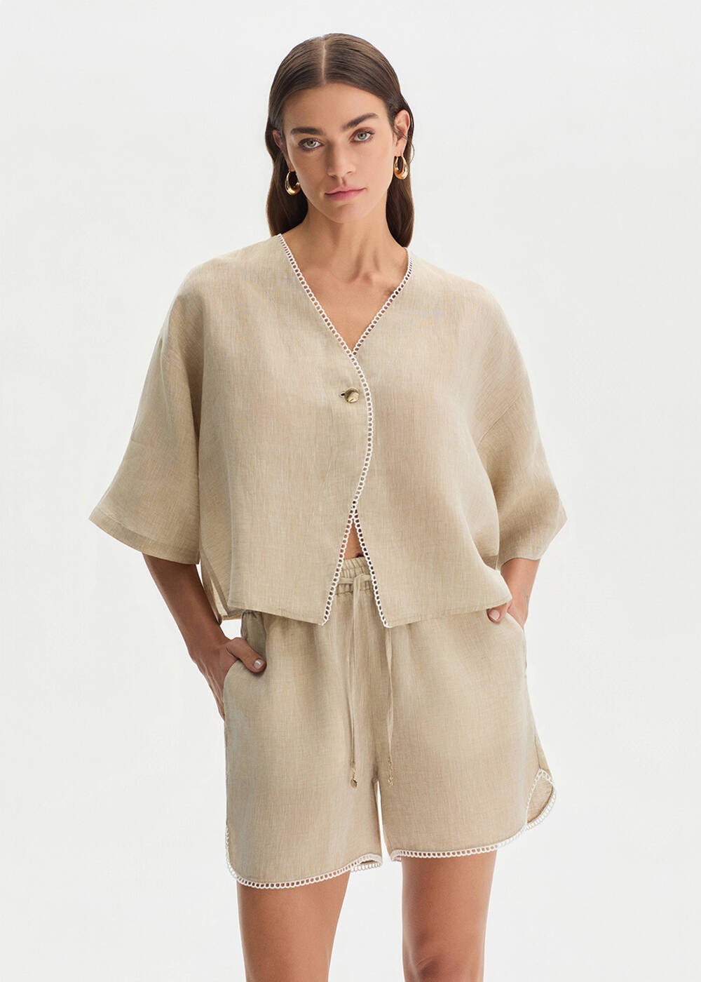 Taş Rengi Kontrast Detaylı Keten Üst - 2