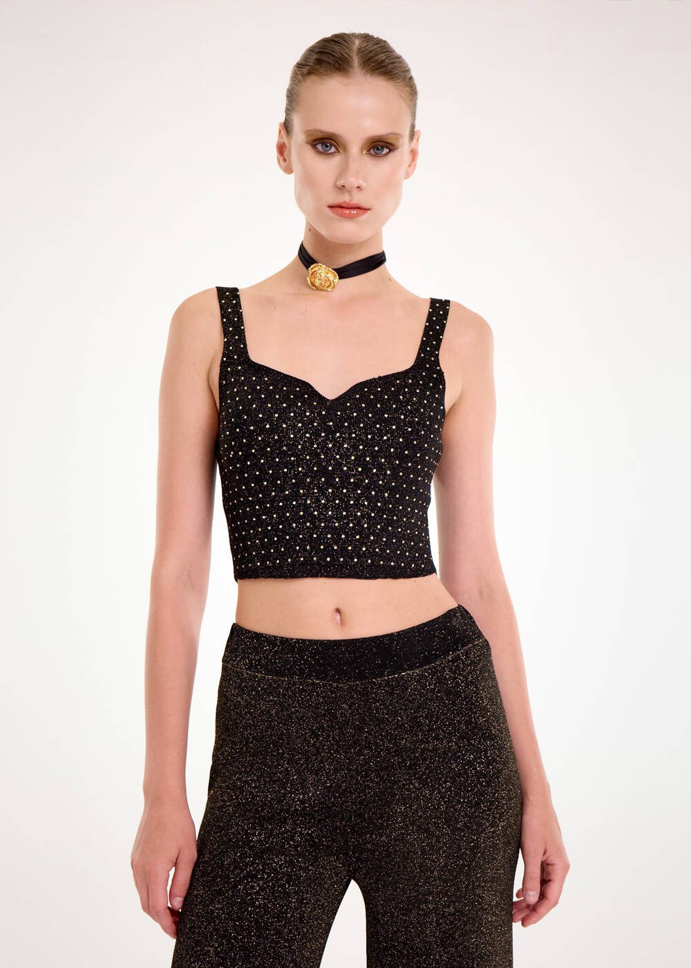 Taş Süslemeli Gold Lurex Triko Üst - 1
