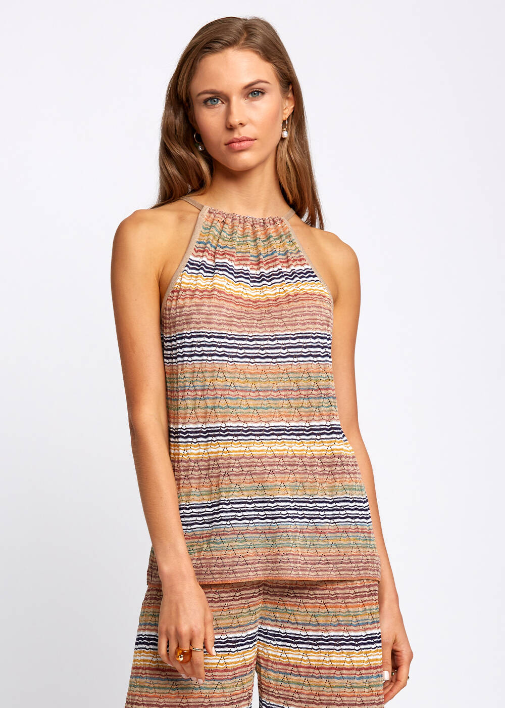 Tie Neck Striped Multicolor Knit Top - 1