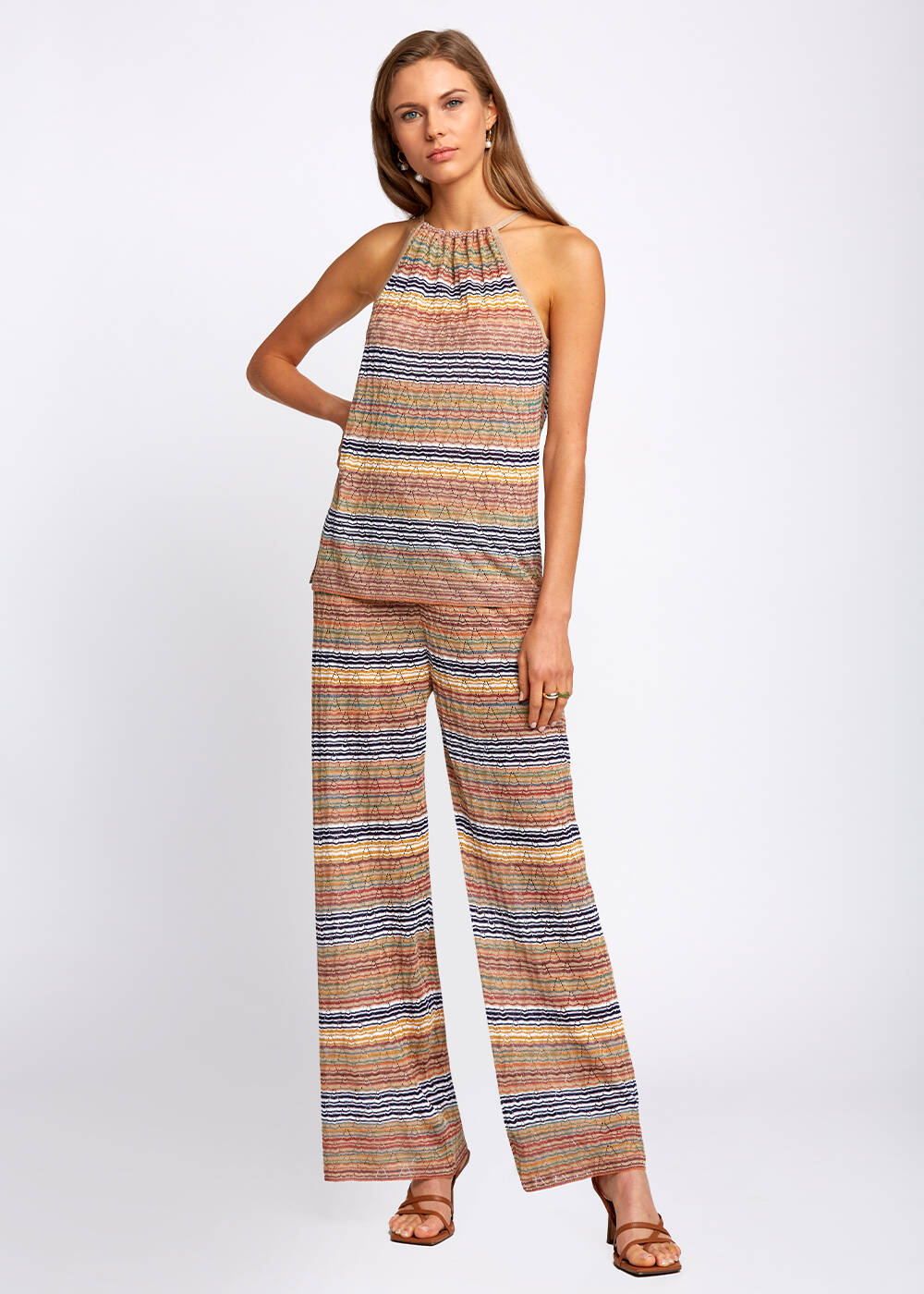 Tie Neck Striped Multicolor Knit Top - 2
