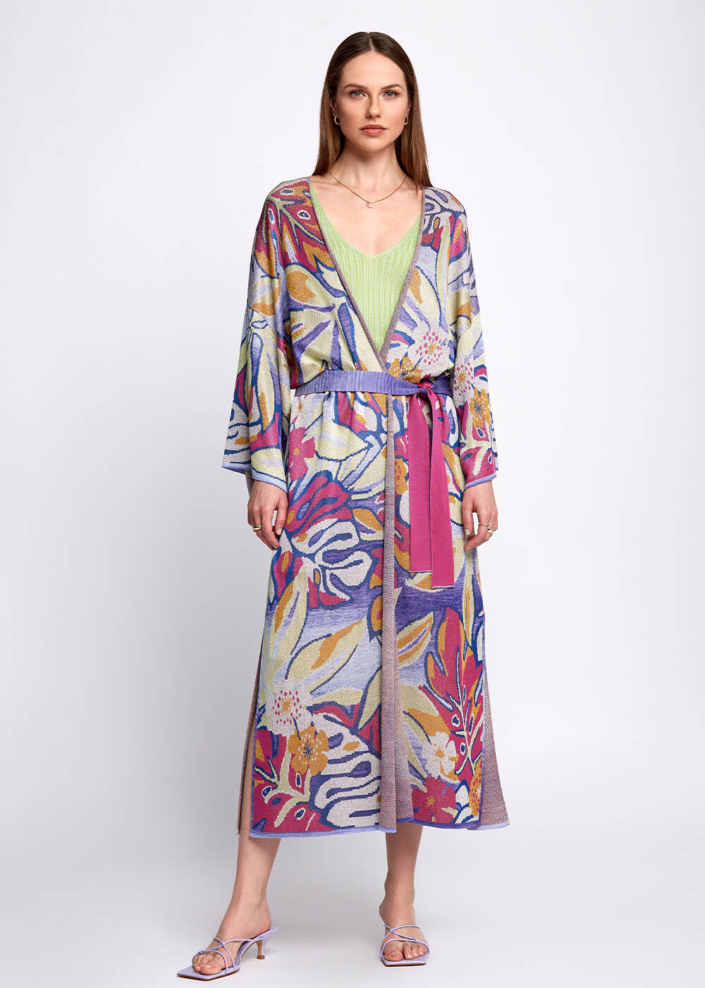 Tropikal Desenli Çok Renkli Triko Kaftan - 1