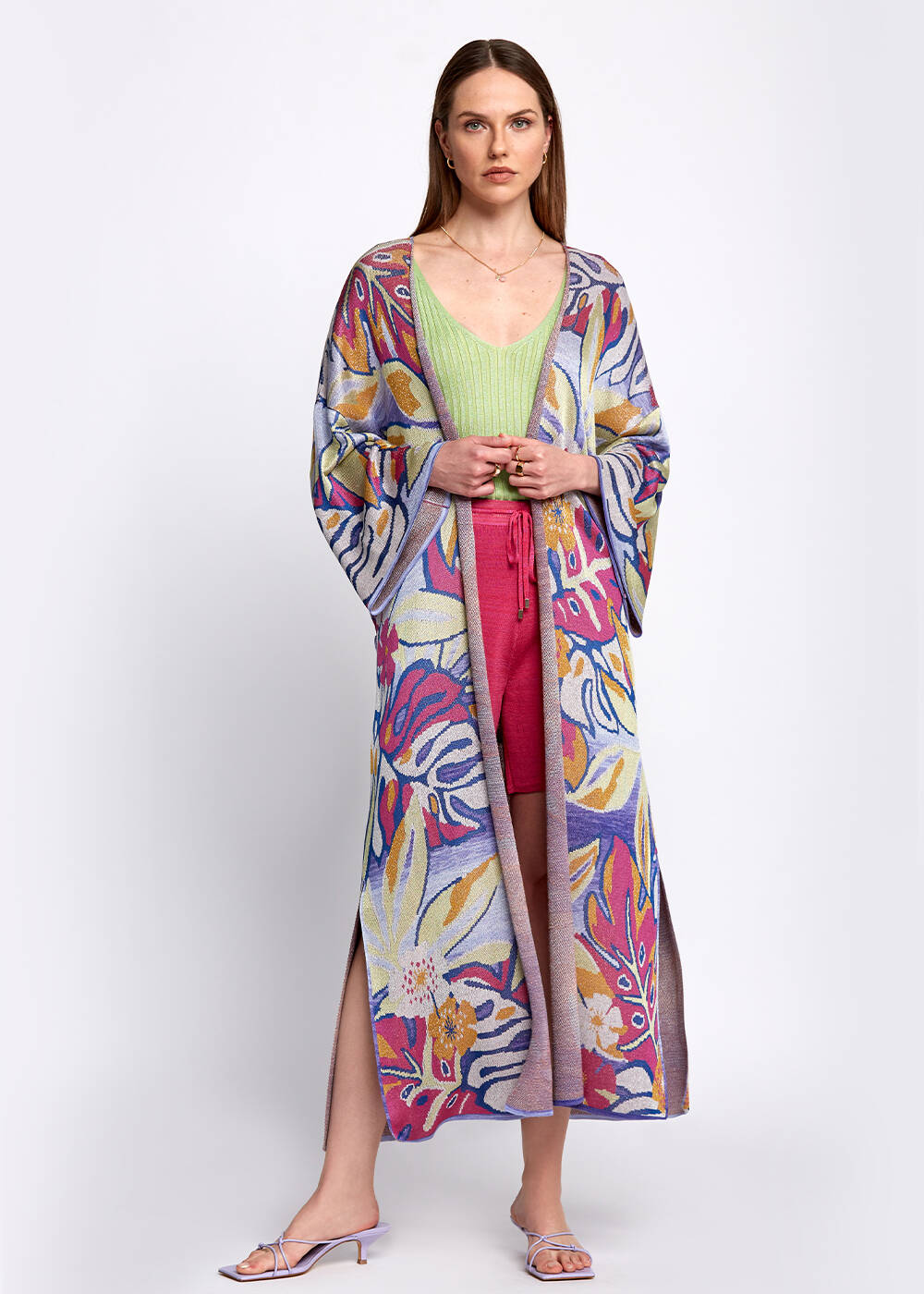 Tropikal Desenli Çok Renkli Triko Kaftan - 2