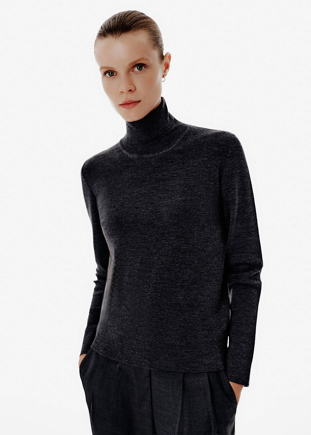 Turtleneck Grey Basic Knit Top - 1