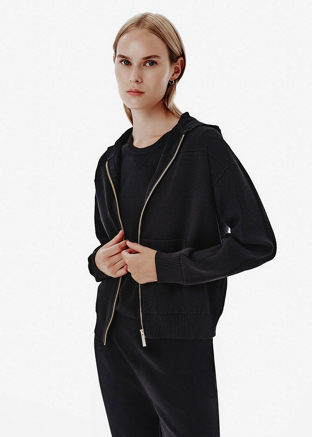 Unique Knit Detail Hooded Black Lounge Cardigan - 2