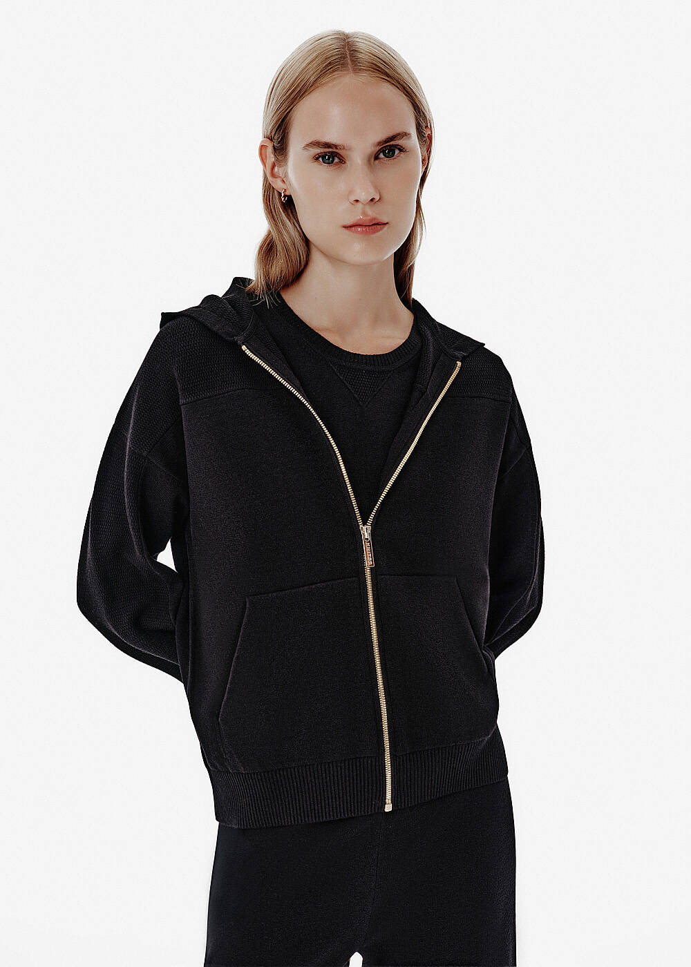Unique Knit Detail Hooded Black Lounge Cardigan - 1