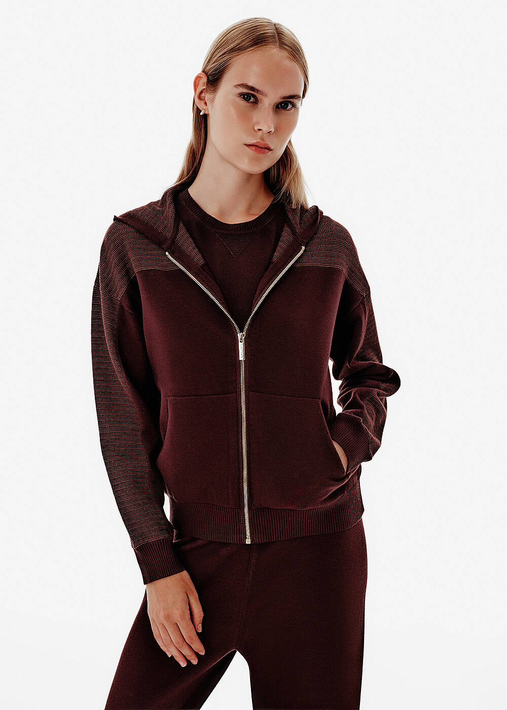 Unique Knit Detail Hooded Brown Lounge Cardigan - 1