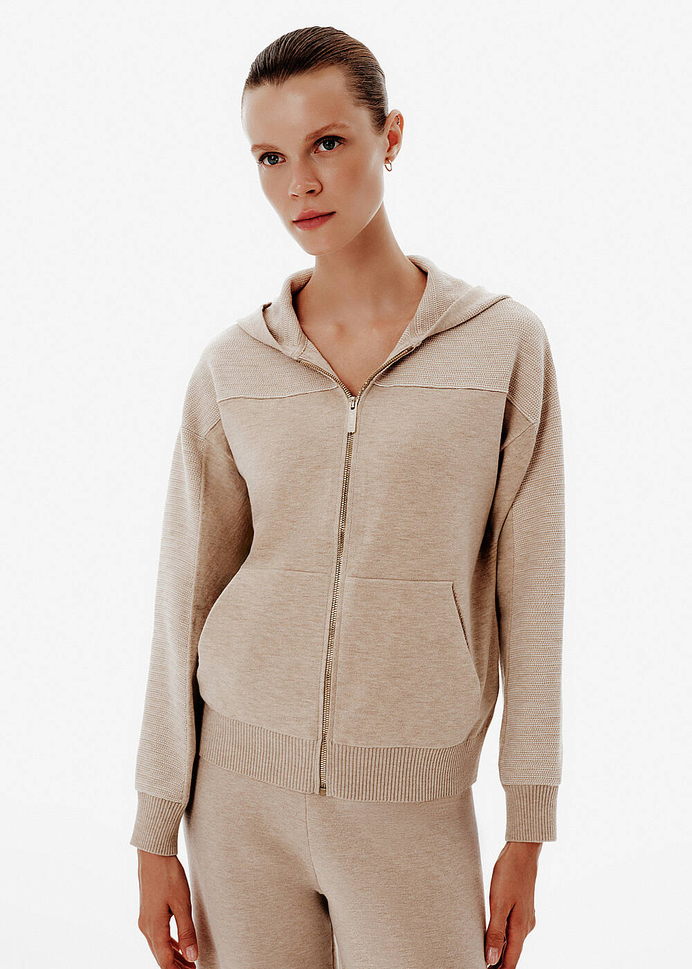 Unique Knit Detail Hooded Latte Lounge Cardigan - 1
