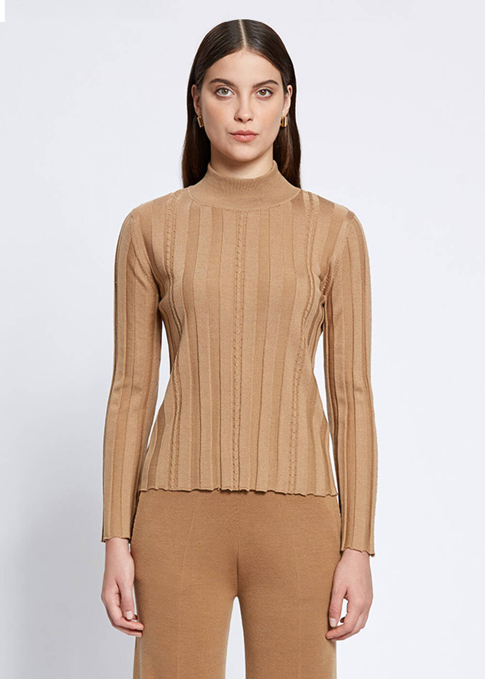 Uzun Kollu Balıkçı Yaka Merino Yün Camel Triko - 1