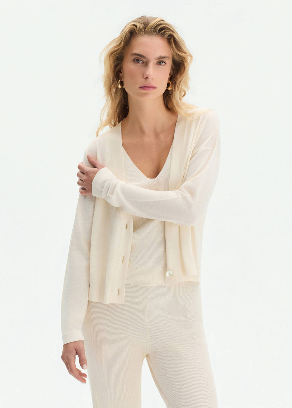 V NECK PEARLY KNIT CARDIGAN - 1