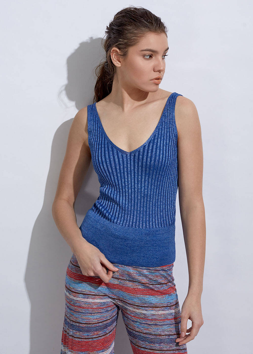 V Neck Ribbed Azure Knit Top - 2
