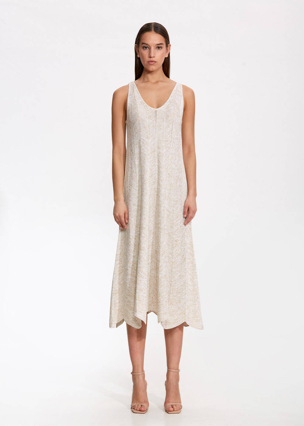 V Neck Sand Long Knıt Dress - 1
