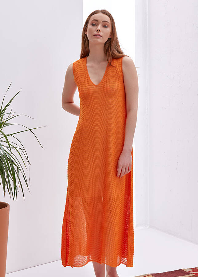 V Neck Sleeveless Orange Knit Dress - 1