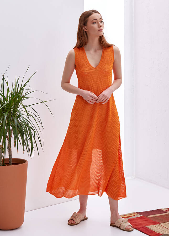 V Neck Sleeveless Orange Knit Dress - 2