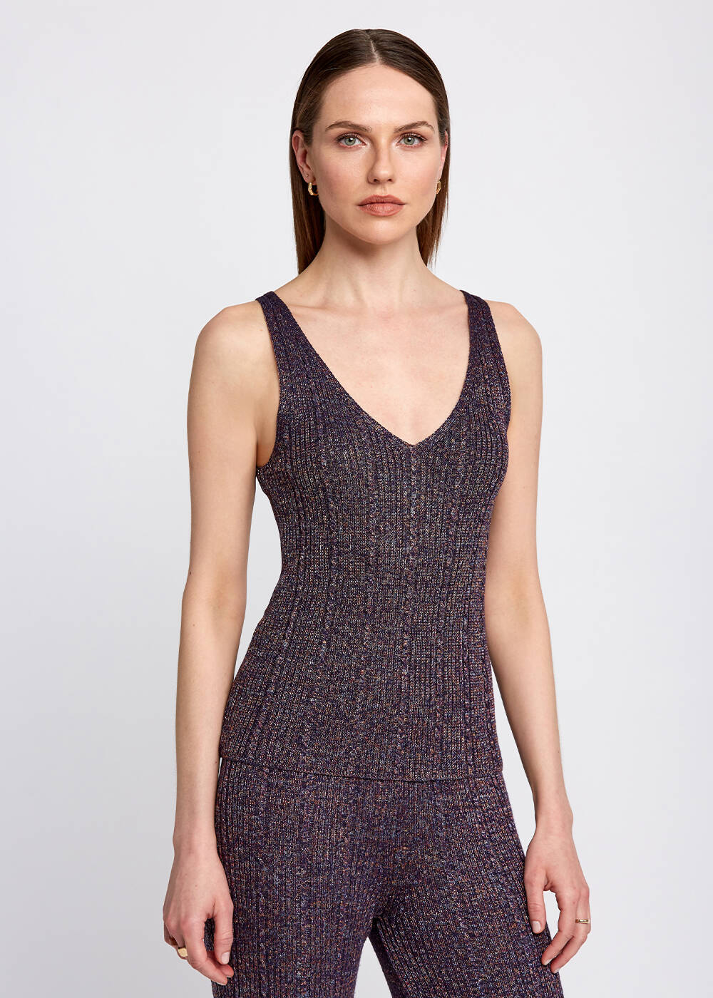 V Neck Sleeveless Purple Knit Top - 1
