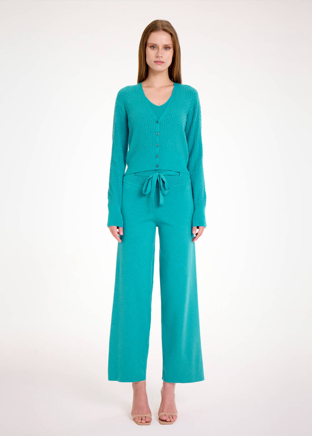 V NECK TEAL KNIT CARDIGAN - 2