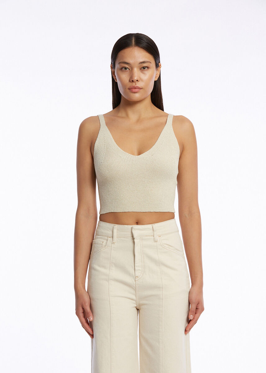 V Yaka Bej Crop Triko Üst - KNITSS