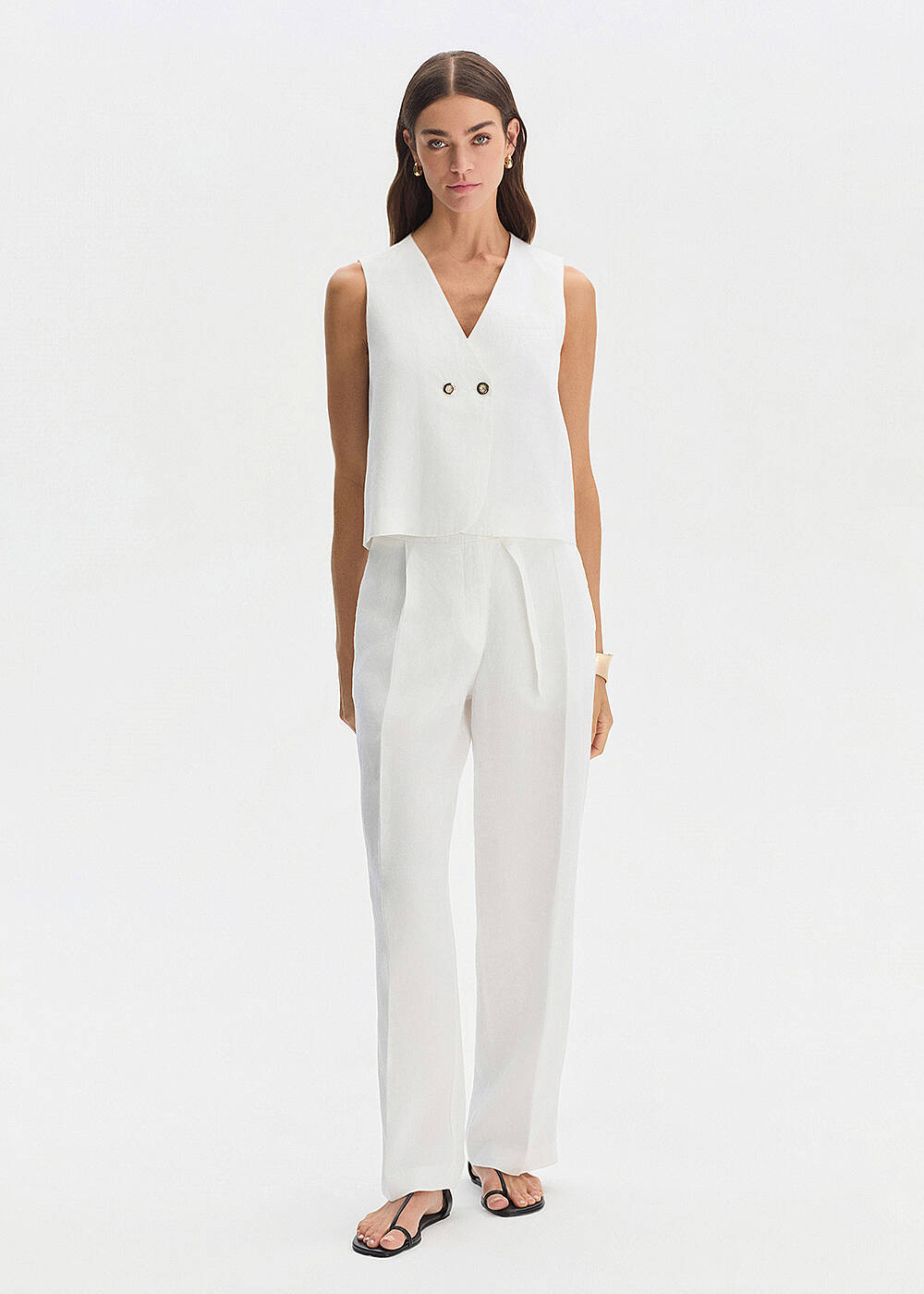 WHITE LINEN DOUBLE BUTTON VEST - 2