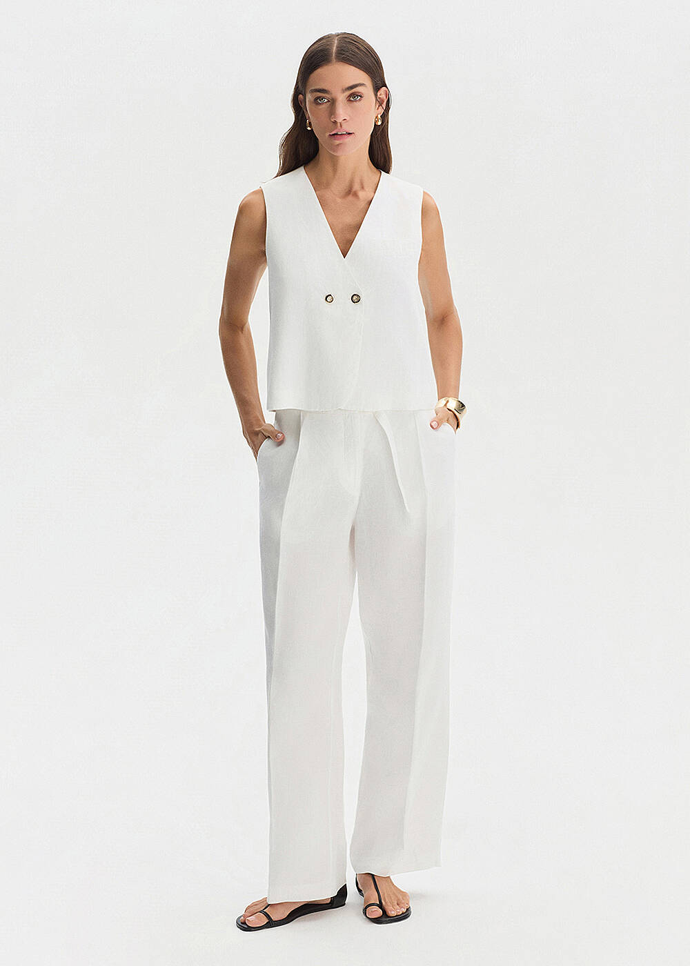 WHITE LINEN PLEATED PANTS - 2