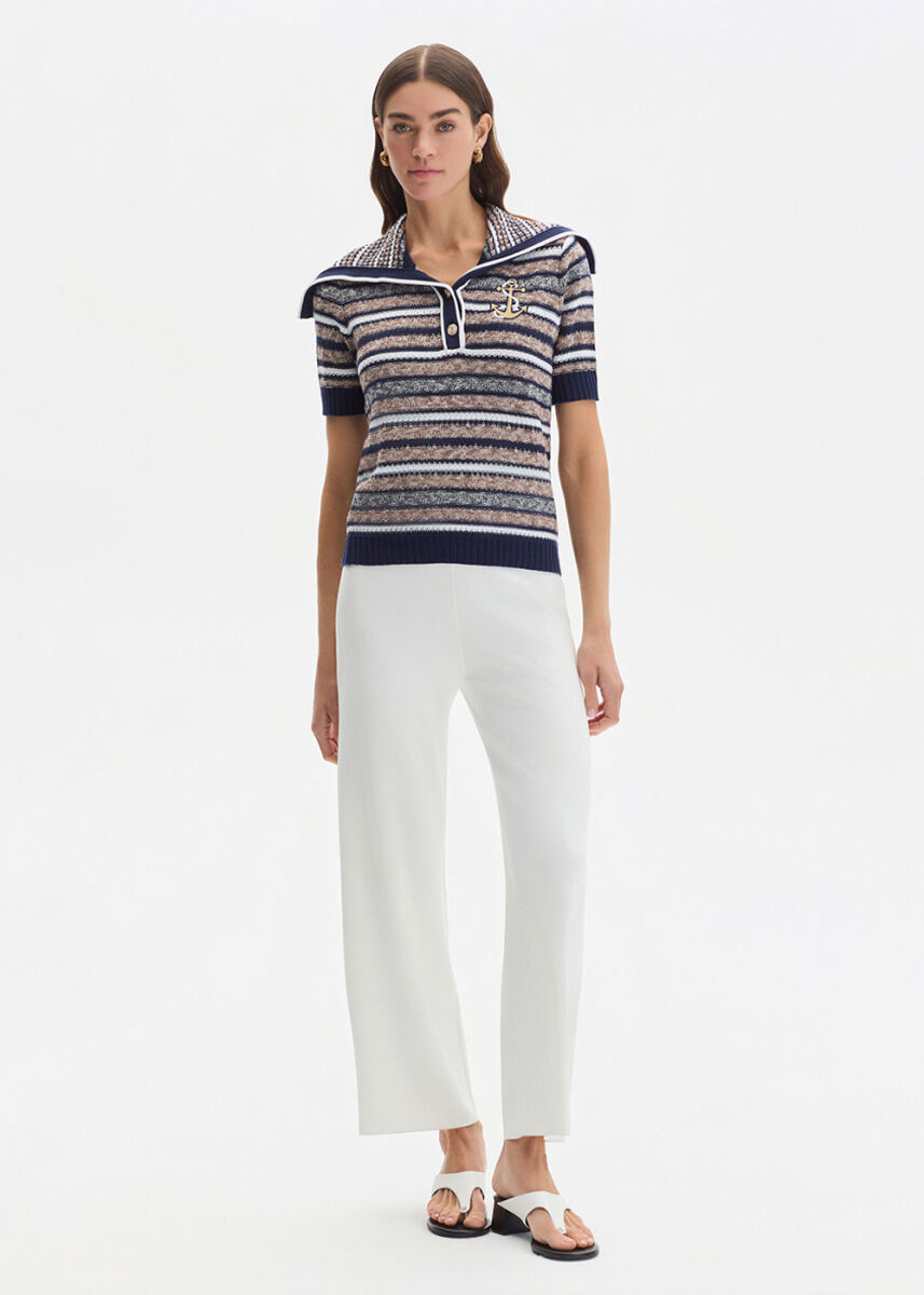 WHITE RIBBED DETAILED KNIT PANTS - KNITSS