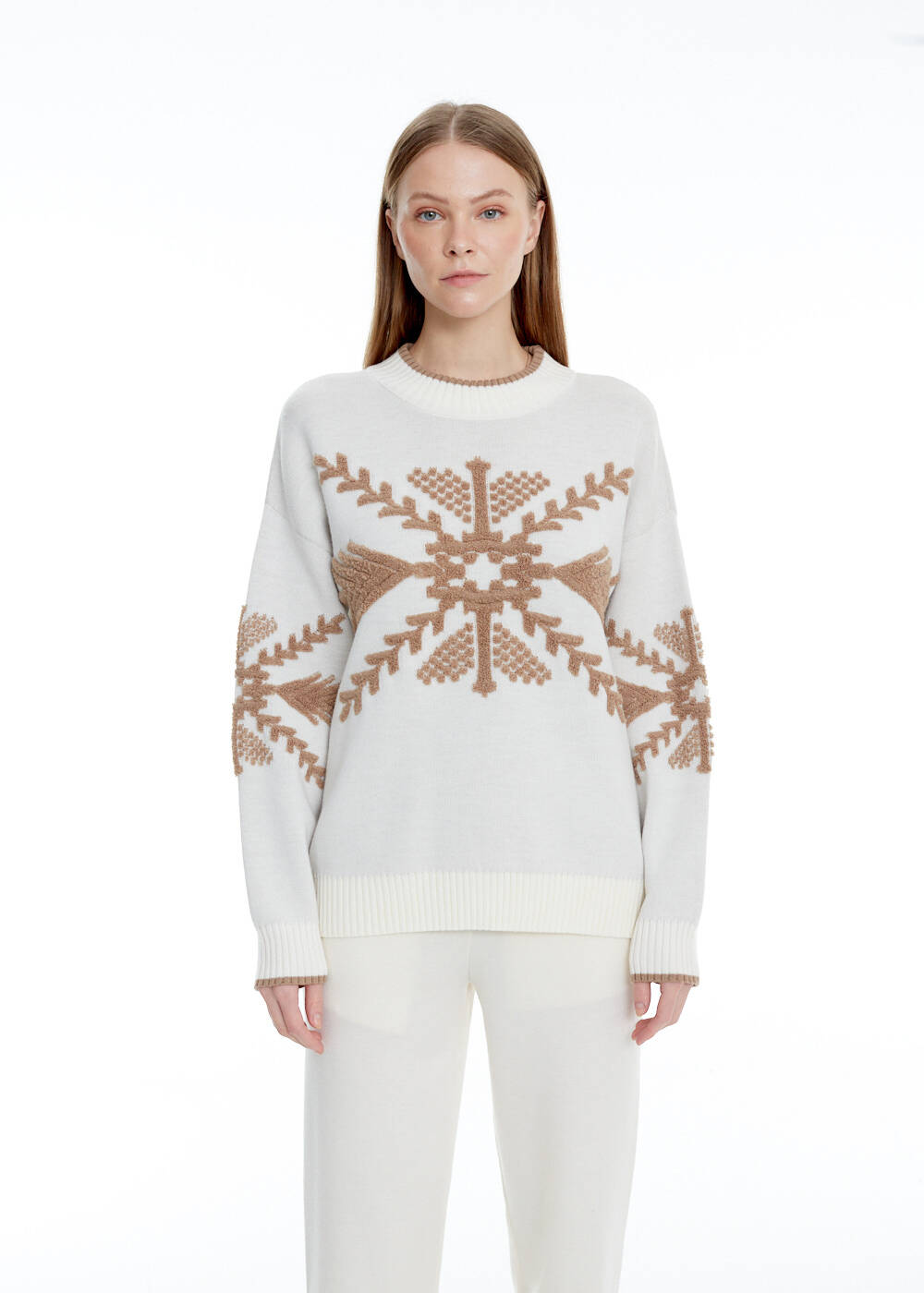 Winter Pattern Ecru Extrafine Merino Knit Sweater - 1