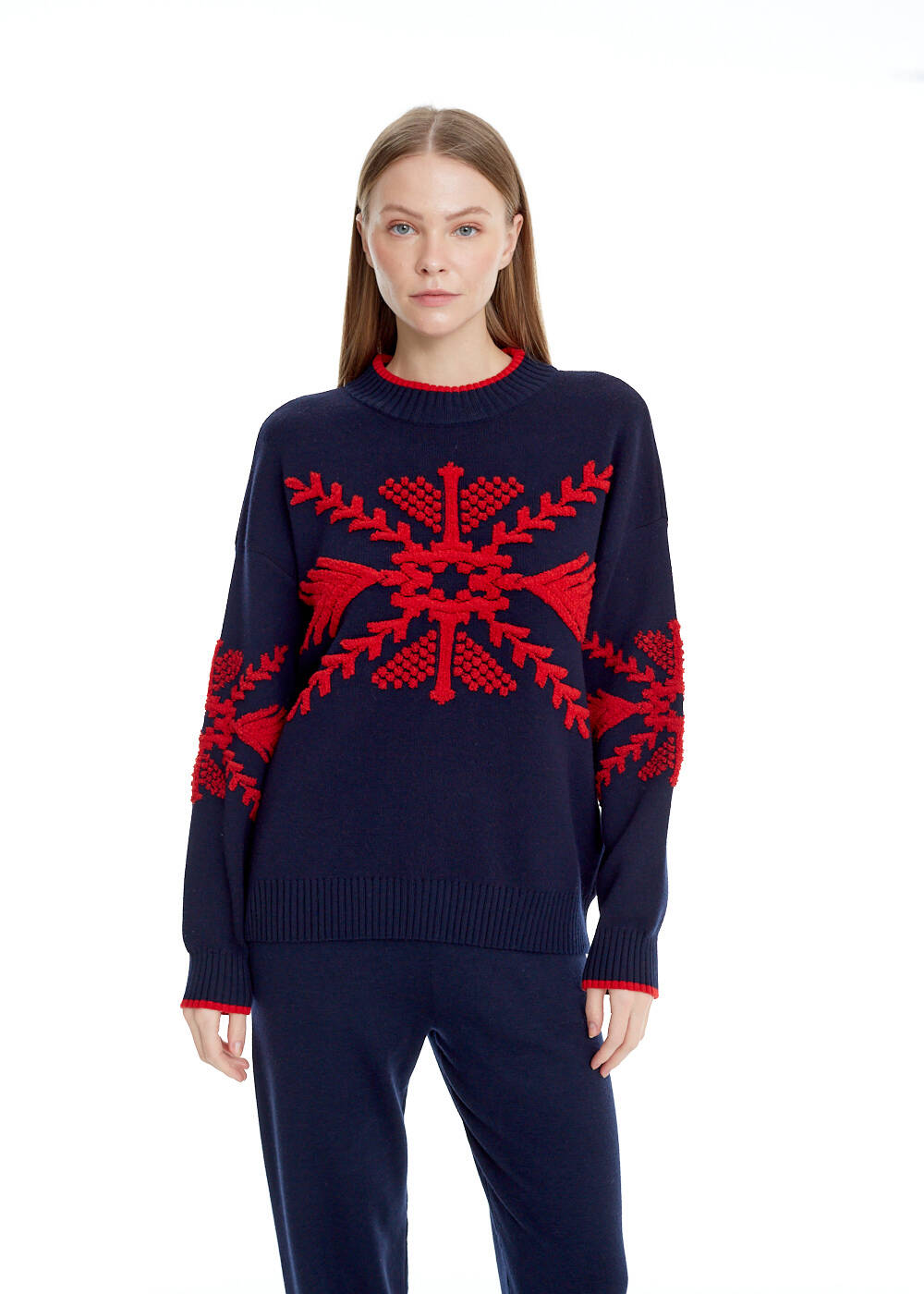 Winter Pattern Navy Extrafine Merino Knit Sweater - 1
