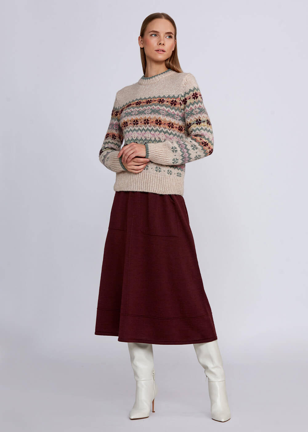 Winter Patterned Cream Knit Sweater - 2