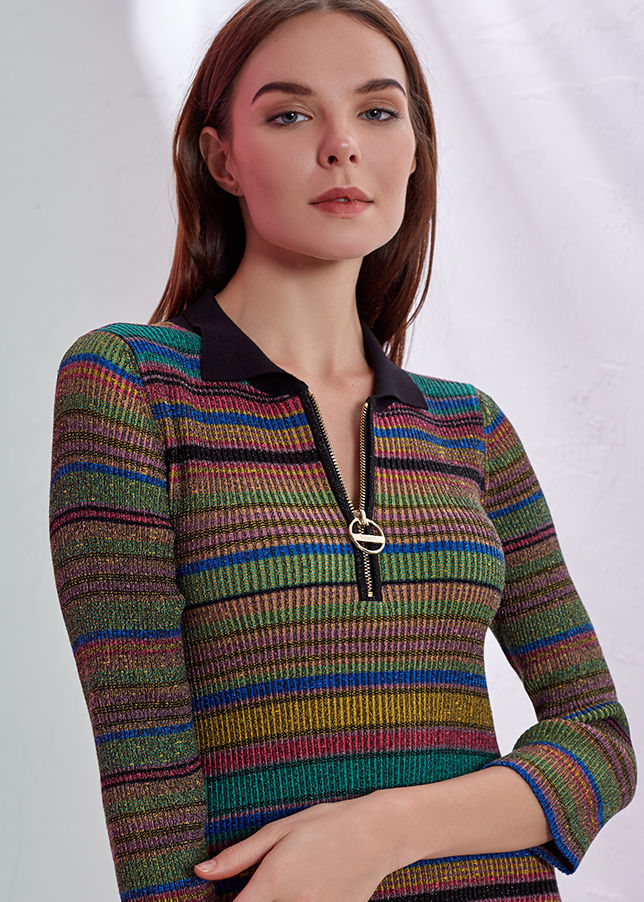 Çizgi Desenli Polo Yaka Triko Elbise · 5