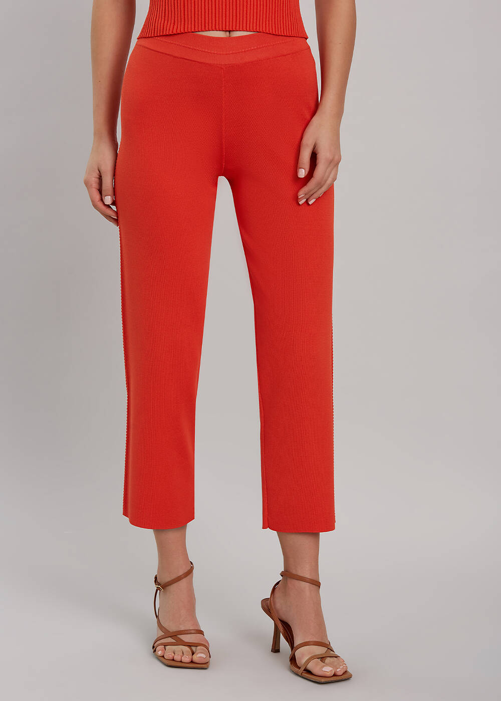 Yanı Örgü Detaylı Mercan Rengi Fit Triko Pantolon - 1