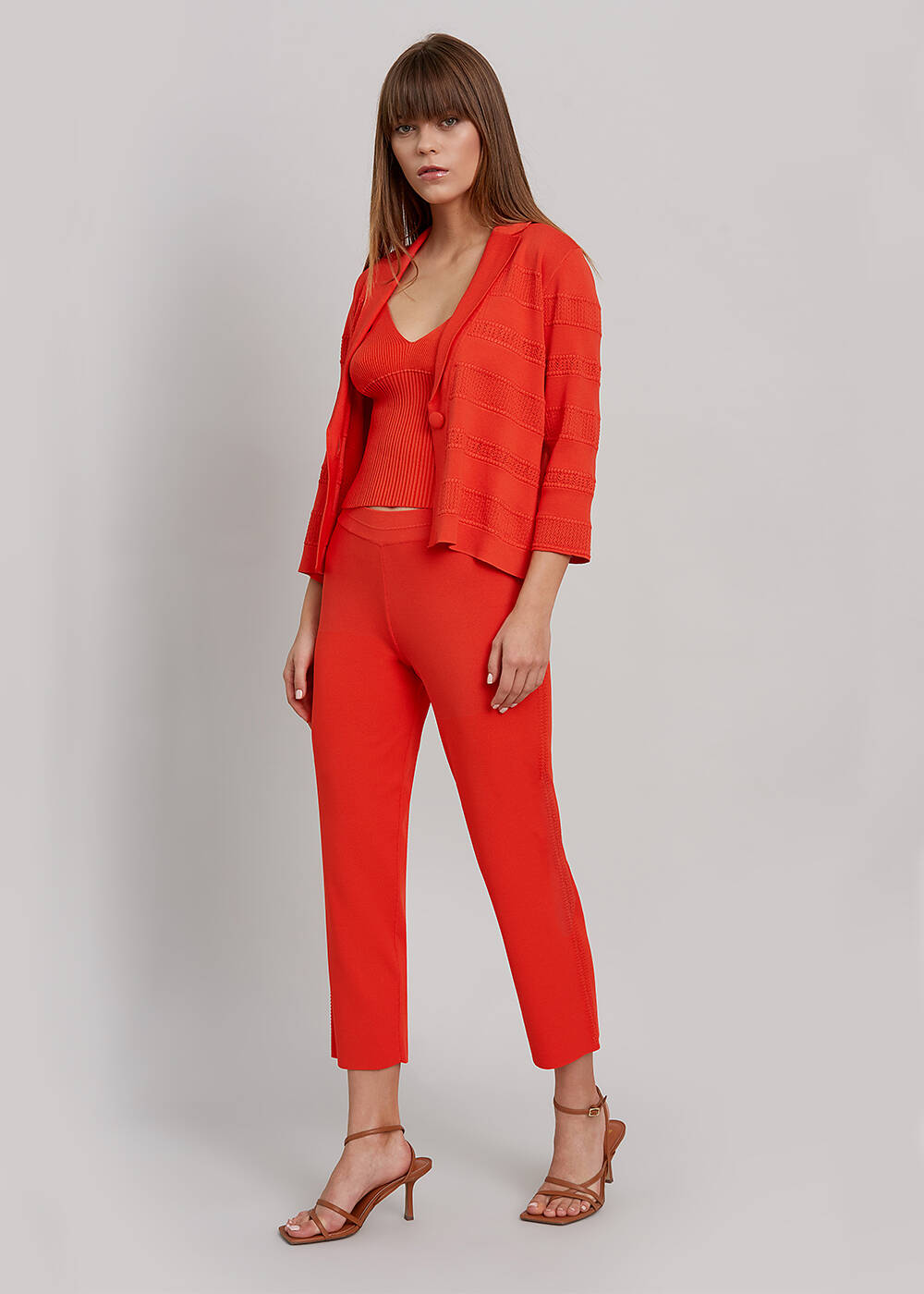 Yanı Örgü Detaylı Mercan Rengi Fit Triko Pantolon - 2