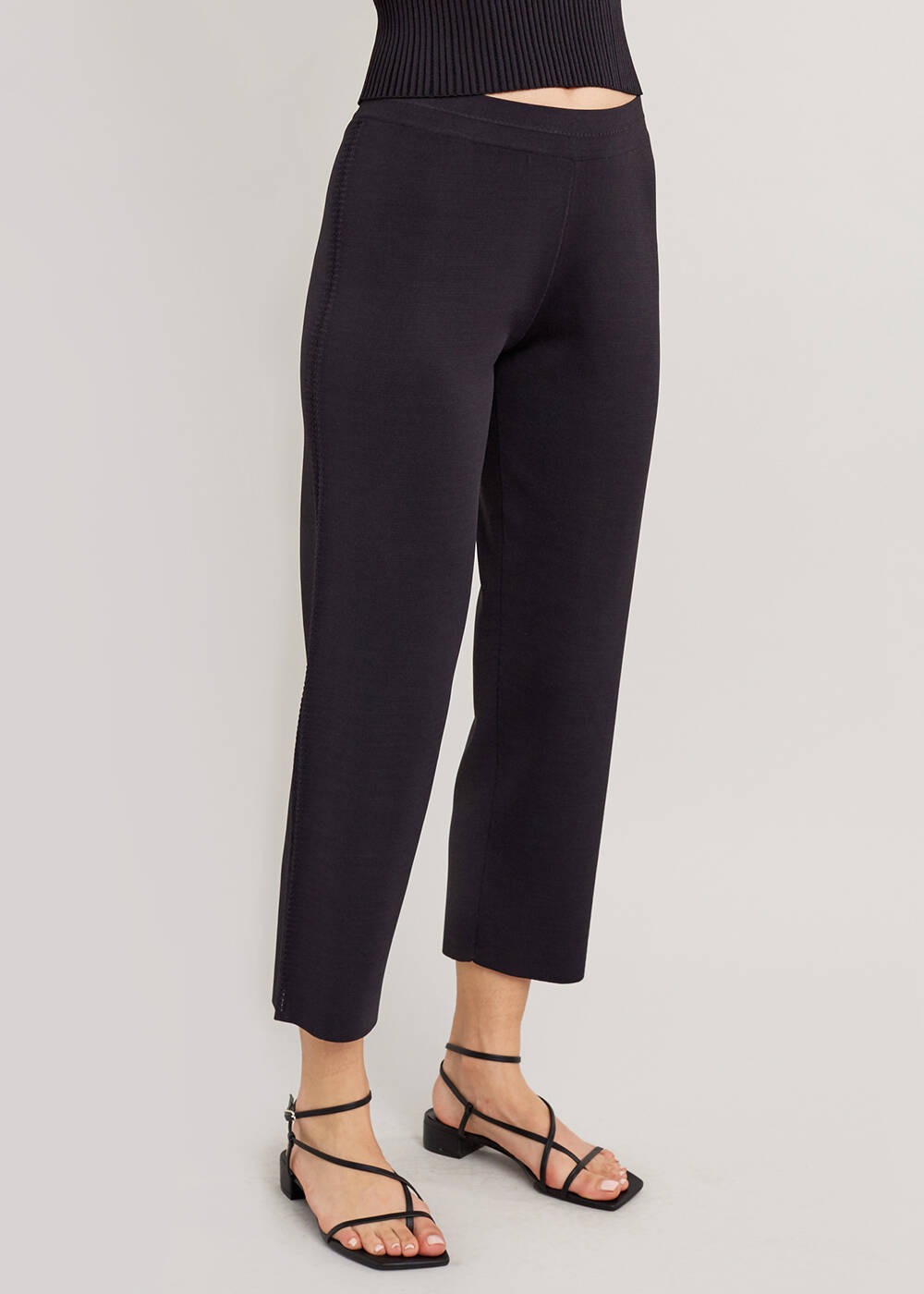 Yanı Örgü Detaylı Siyah Fit Triko Pantolon - 1