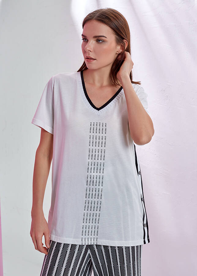 Yanları Çıt Çıt Detaylı V Yaka Tshirt - 1