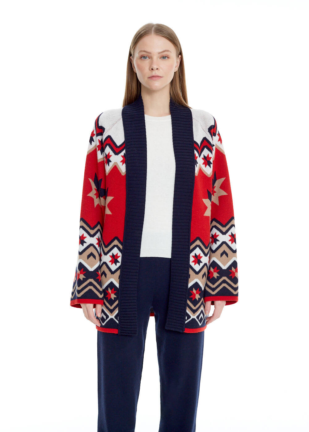 Yıldız Desenli Oversize Extrafine Merino Triko Hırka - 1