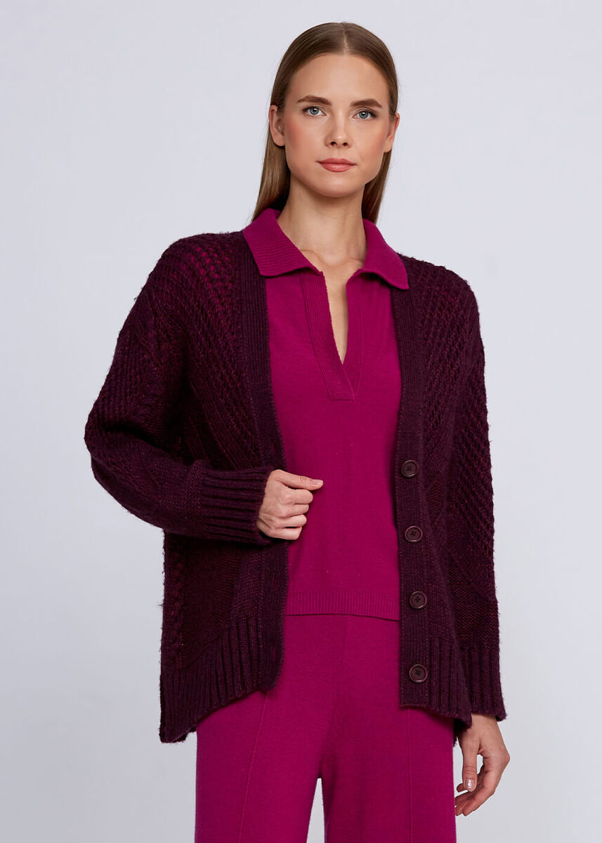 Yün Karışımlı Örgü Detaylı Bordo Triko Hırka - KNITSS