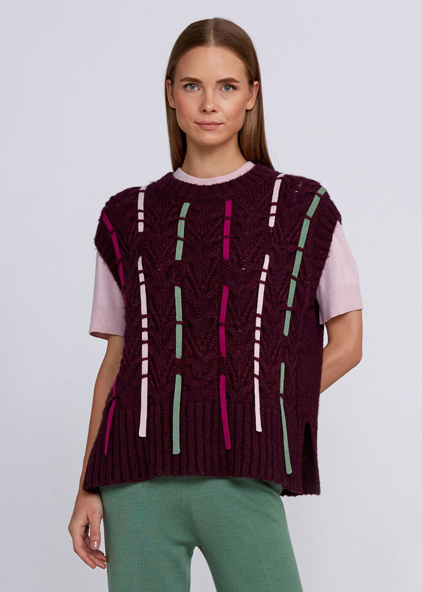 Yün Karışımlı Şerit Detaylı Bordo Triko Yelek - KNITSS