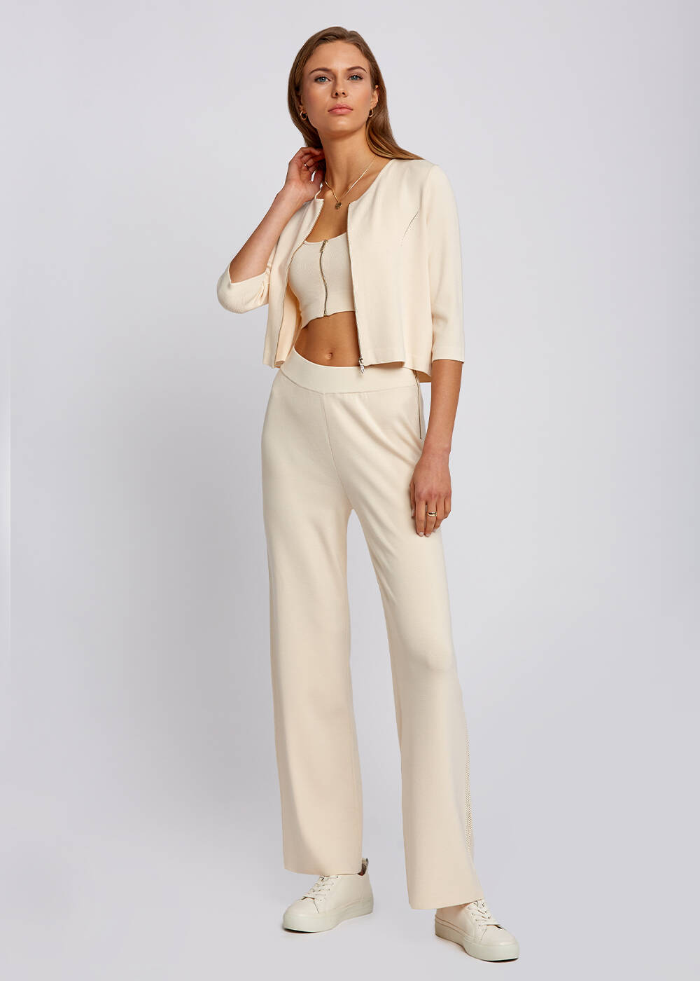 Zip Front Fitted Cream Cropped Knit Cardigan - 2