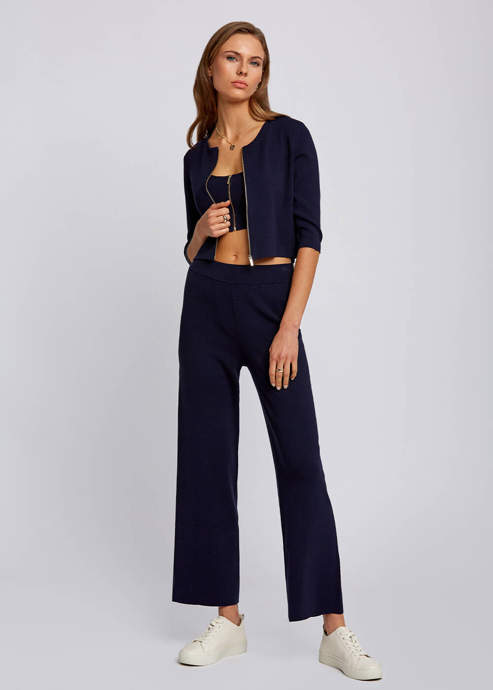 Zip Front Fitted Navy Cropped Knit Cardigan - 2