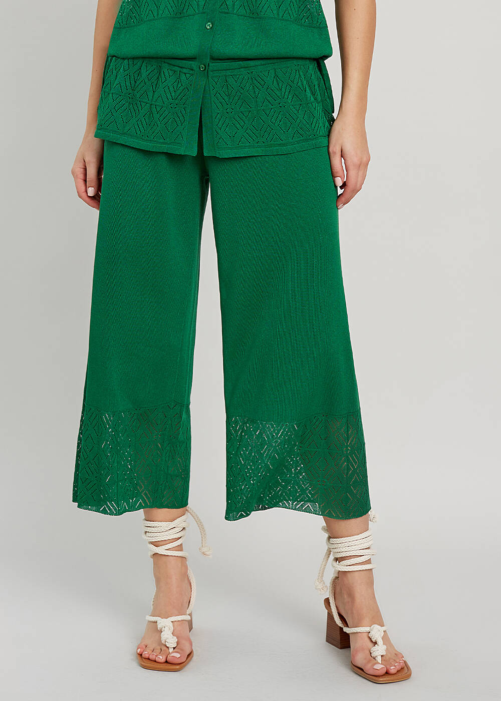Zümrüt Yeşili Yazlık Crop Triko Pantolon - 1